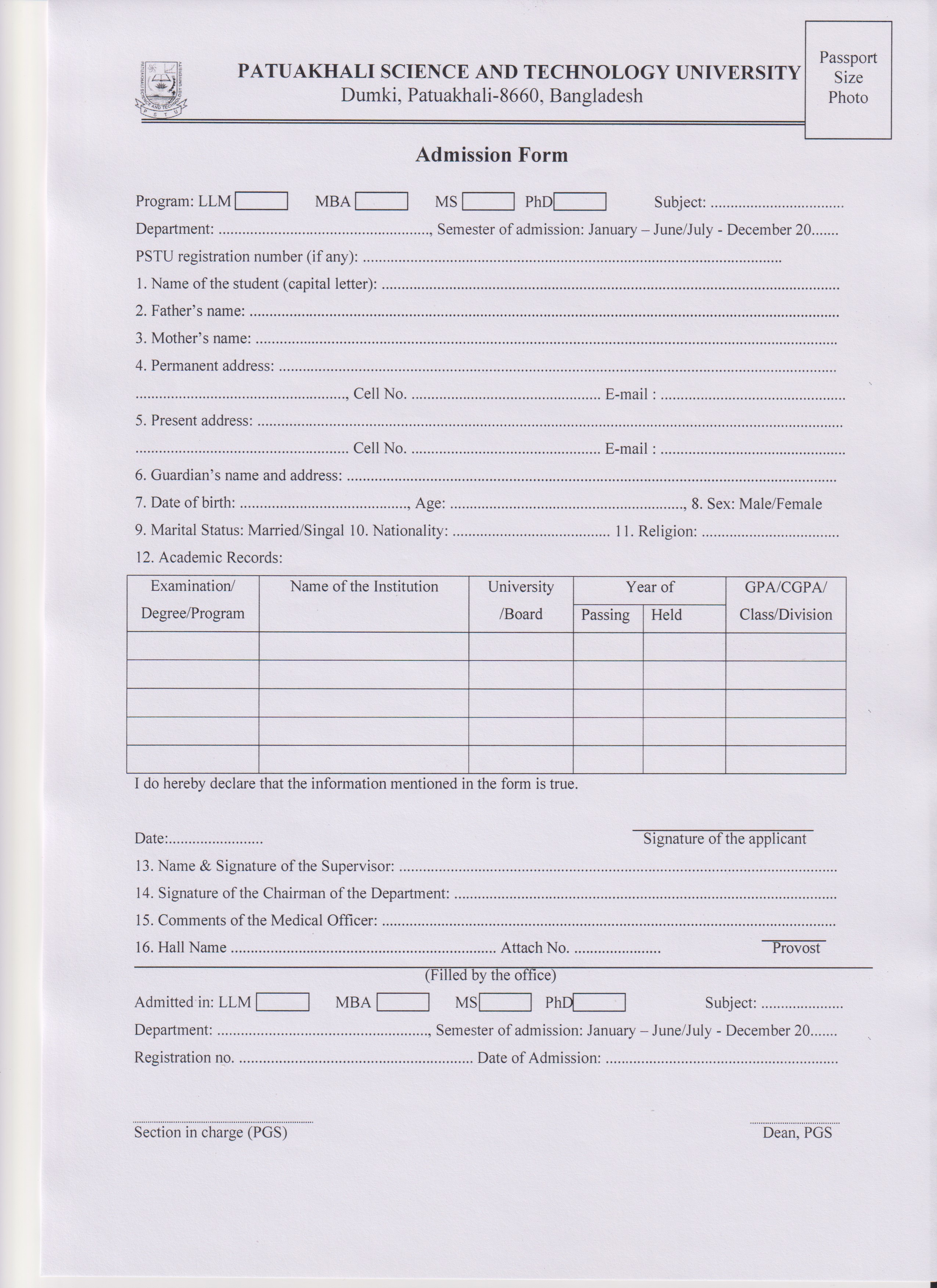 Updated Admission Form for Master and PhD Program
